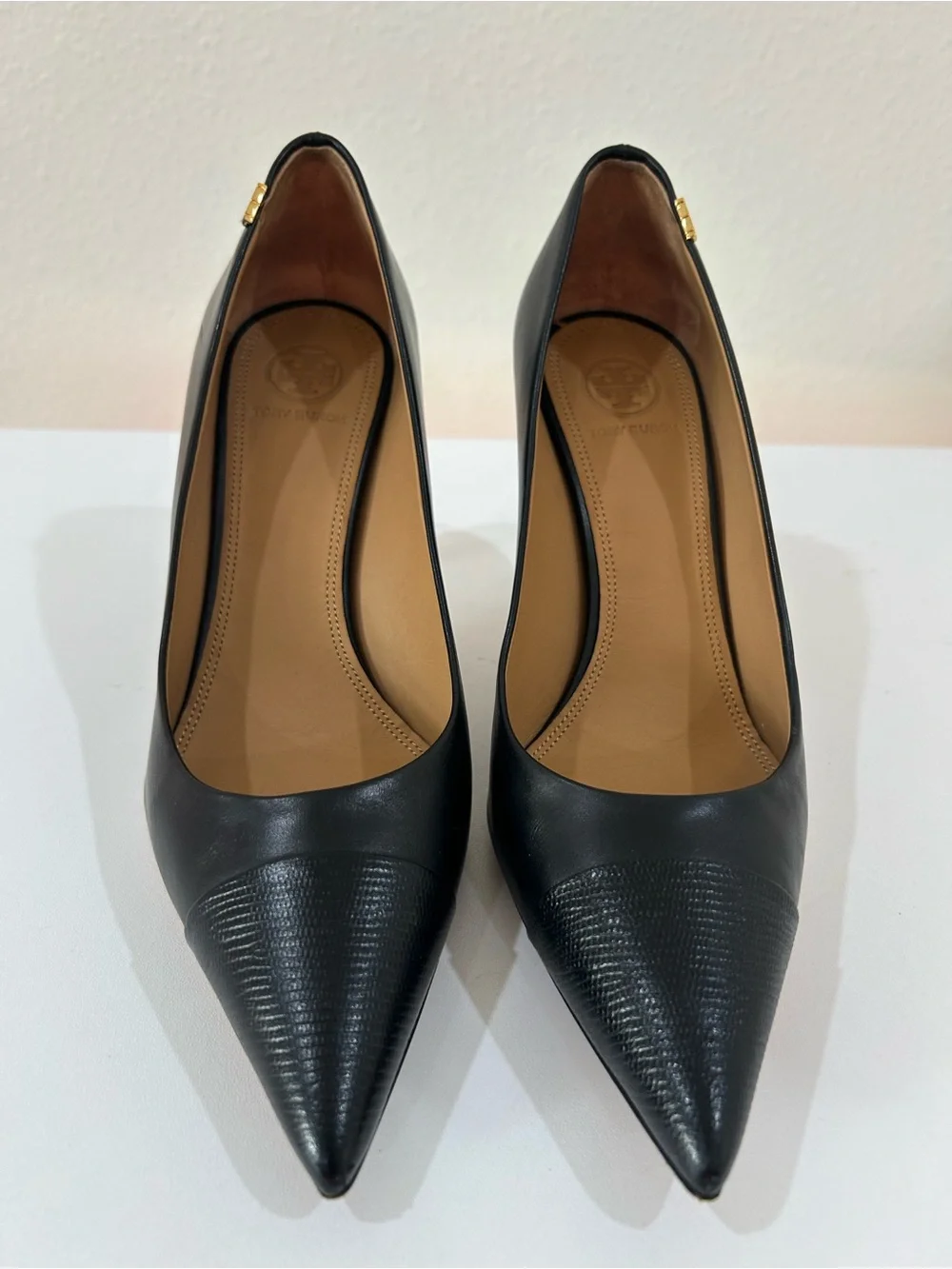 Tory Burch Penelope Heels Cap Toe Calfskin Leather Pumps with Heel Detail, Sz 8